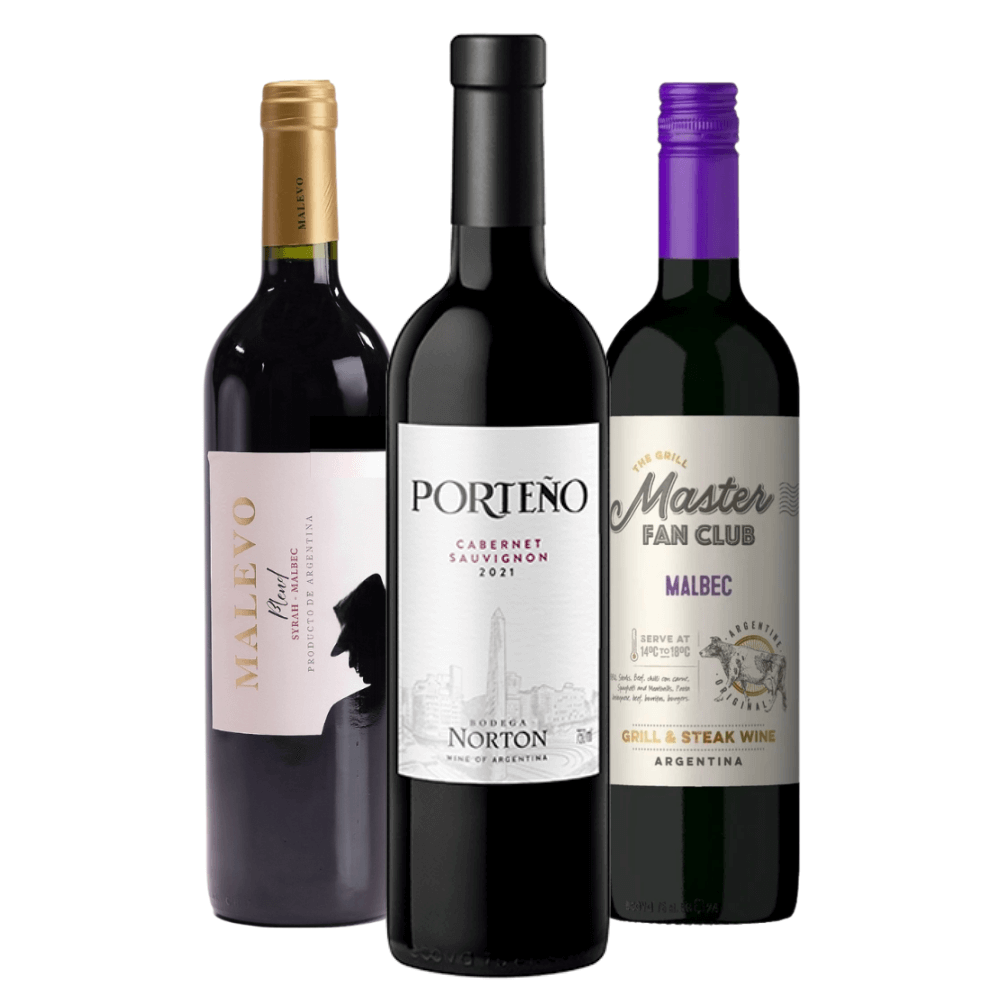 Combo 3 vinhos Tintos: Malevo Syrah Malbec, Porteño Cabernet, Grill Master Malbec